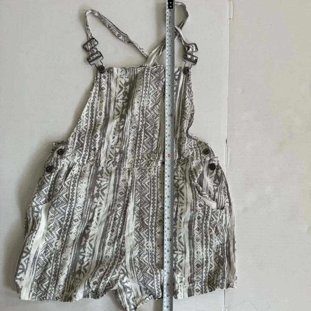 Linen Large Gray White Boho tribal overall jumper romper shorts playsuit Cali - Picture 5 of 12